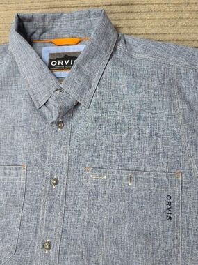 Orvis Shirt Men's XL tech Chambray Work Button Down Trout Bum vented fishing
